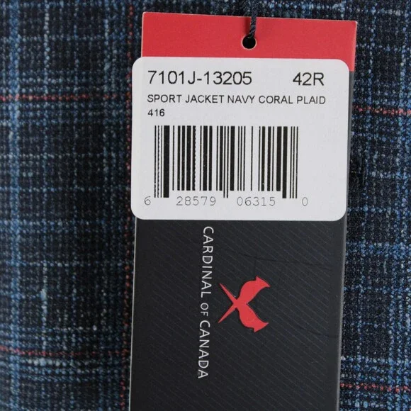 Cardinal of Canada NWT Wool Blend Sport Coat Size 42R US In Blue w/ Coral Plaid